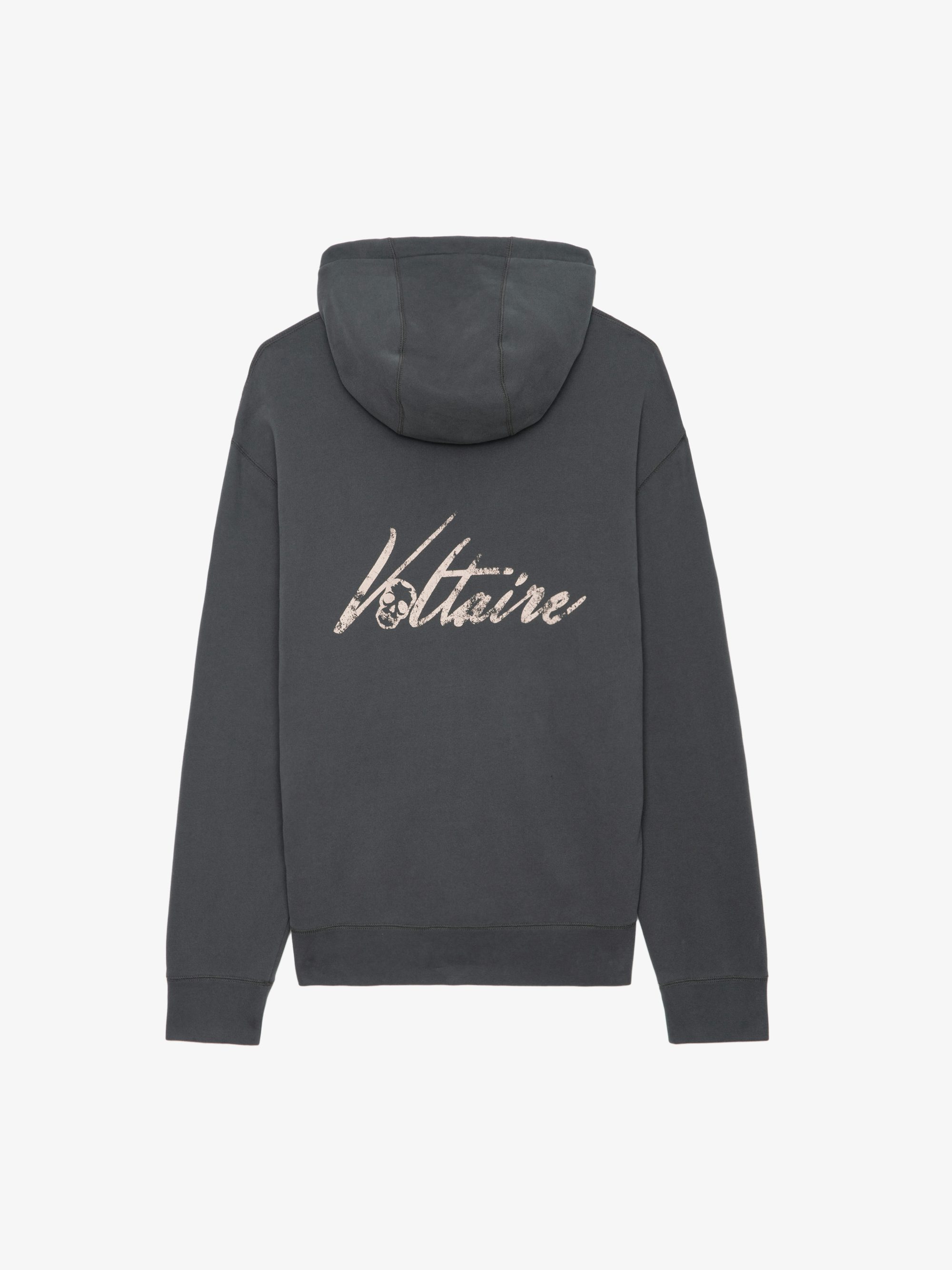 Sweatshirt Sacha - Grau meliertes Sweatshirt mit Reißverschluss, Kapuze, langen Ärmeln und "Voltaire"-Druck auf dem Rücken.